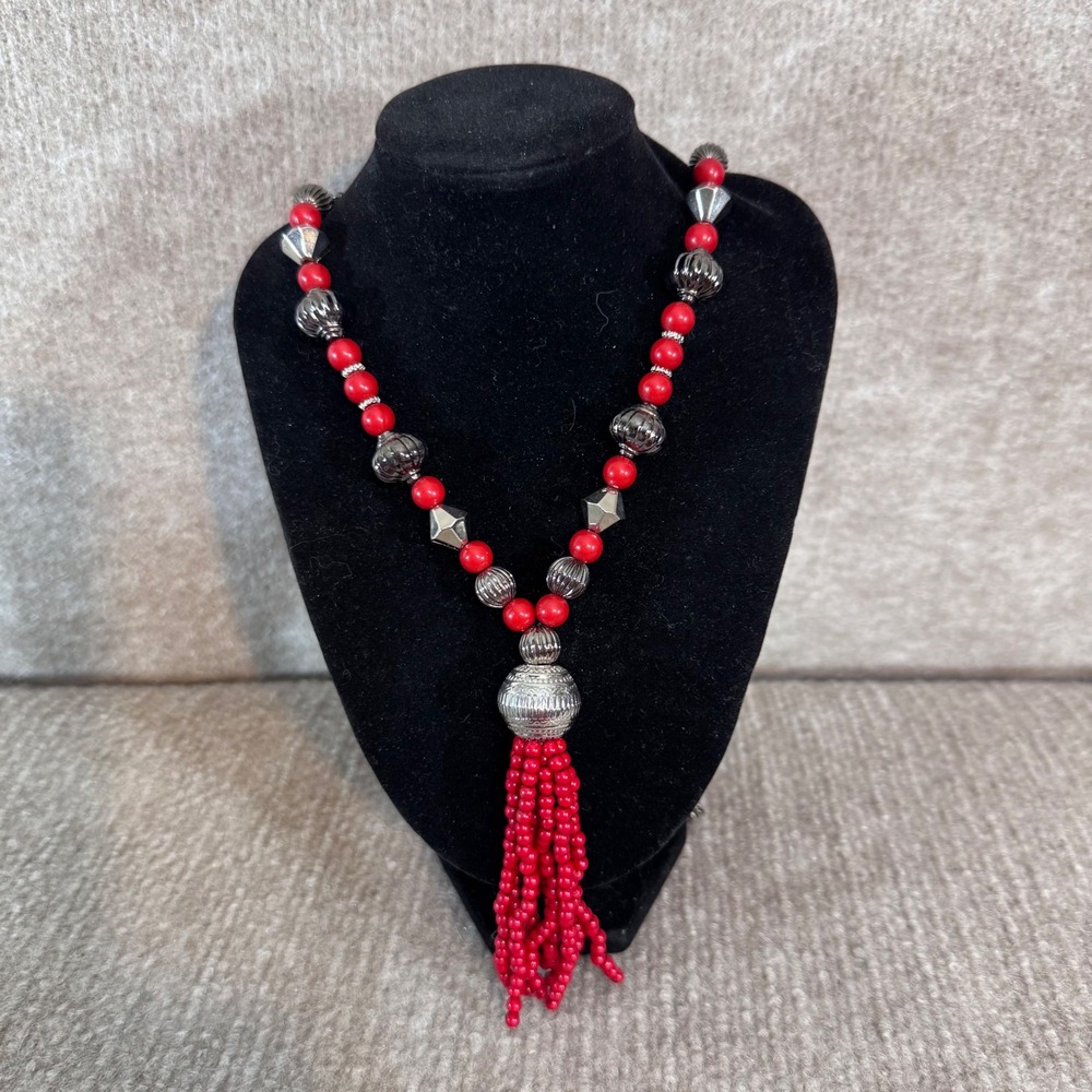 Long Tassel Necklace Women OS Red Beaded Silver Tone Boho Southwestern